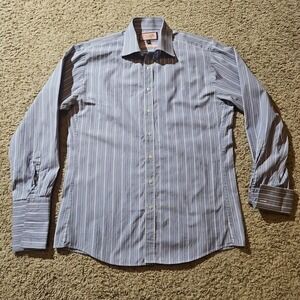 Thomas Pink Shirt Mens 15.5 Striped Double French Cuffs Slim Fit Blue